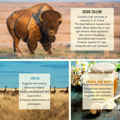 BISON | EMU | HONEY Balm - with pasture raised Bison tallow - Astaxanthin, Bakuchiol, Royal Jelly | Whipped Tallow Balm | with honey and emu oil | All natural - 2 fl oz (2 OZ, Queen Bee)