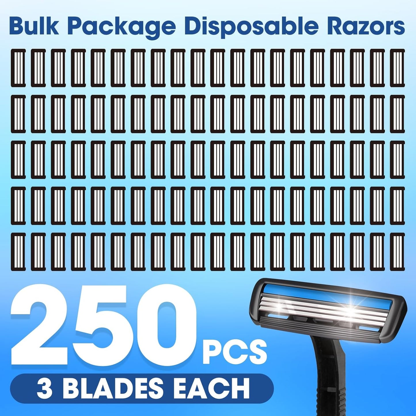 CXYARY 250 Pcs 3 Blade Disposable Razors With Clear Safety Cap, Shaving Razors Bulk for Men &Women, Stainless Steel Blade, Multipurpose Portable Shave Razor for Bathing Hotel Travel, Black