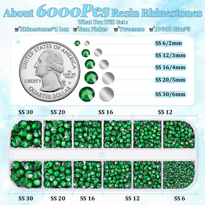 6000Pcs Resin Rhinestones for Bedazzling with 3Pcs B7000 Jewelry Glue, 1 Box Emerald Green Flatback Rhinestones for Crafting Crafts DIY, Crystals Gems for Clothing Shoes Tumblers Nail Art Makeup