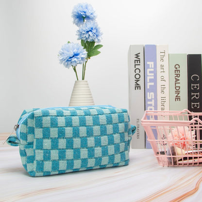 PAZIMIIK Checkered Makeup Bag for Purse Portable Zipper Make Up Pouch Small Cosmetic Case for Travel Accessories Lake Blue