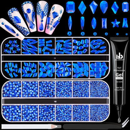 3220Pcs Royal Blue Glass Rhinestones 120Pcs Multi Shapes Flatback Gems + 3100Pcs 1.5-4mm Round Crystal With Glue Gel, Manicure Charms Diamond Gemstones for Nail Art