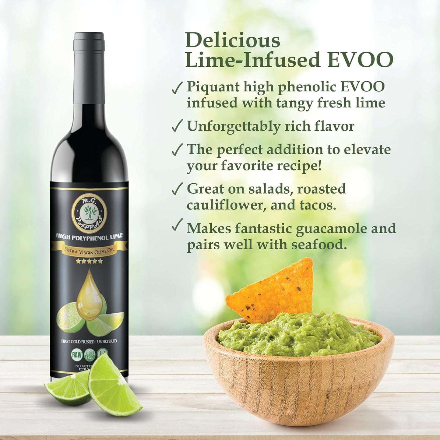 M.G. PAPPAS High Polyphenol Rich Lime Infused Olive Oil Extra Virgin - Polyphenol Lab Report 650mg/kg - Unfiltered Cold Pressed Greek EVOO - Award Winning - Cooking Lime Oil – 12.7 Oz 375ml