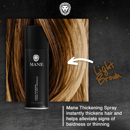 Mane Hair Thickening Spray & Root Touch Up, Instantly Thicker Hair for Men & Women, Fill in Hairlines and Hide Thinning and Fine Patches - Light Brown, 12 Colors (6.76 oz)