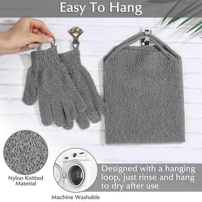 Anezus Exfoliating Back Scrubber Bath Gloves Set, Exfoliating Shower Towel with Shower Gloves for Body Scrub, Back Cleaner Wash Gloves to Remove Dead Skin (Grey)