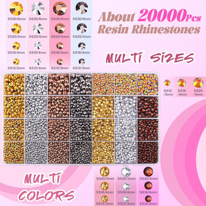 20000Pcs Metallic Rhinestones for Bedazzling with 1Pcs B7000 Jewelry Glue, Resin Rhinestones for Crafting Crafts DIY, Bedazzler Kit Gems for Clothing Shoes Tumblers Nail Art Assorted Size 3/4/5/6mm