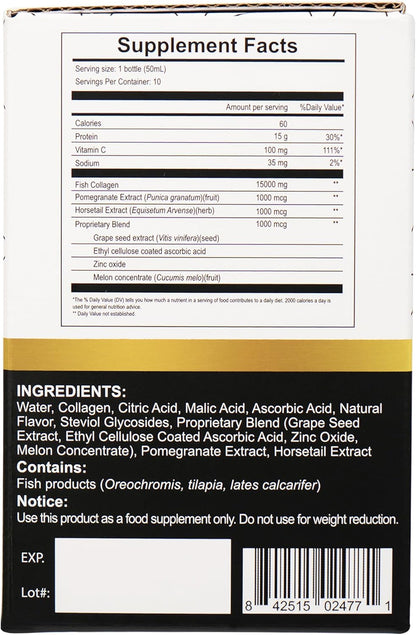 Diamond Liquid Collagen Drink, 15000 mg Hydrolyzed Marine Collagen Peptides with Vitamin C, Pomegranate, Healthy Hair Skin Nails Joints Bones Support, 50 ml x 10 Bottles (3 Boxes)