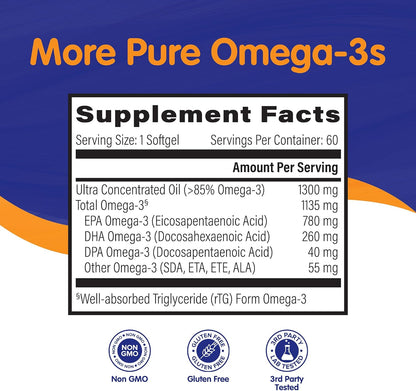 OmegaVia Ultra Concentrated Omega 3 Fish Oil Burpless, 60 Softgels, Triple Strength Omega 3 Fish Oil Supplements, 1135 mg Pure Omega3, No Fishy Burps, High EPA DHA DPA, IFOS 5-Star