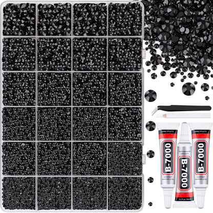 30000Pcs Black Rhinestones for Bedazzling Crafting, Flatback Resin Gems Crystal, Bedazzler Kit with 3Pcs 10ml B7000 Jewelry Glue and Tweezers for DIY Crafts Clothing Shoes Fabric Nail Art