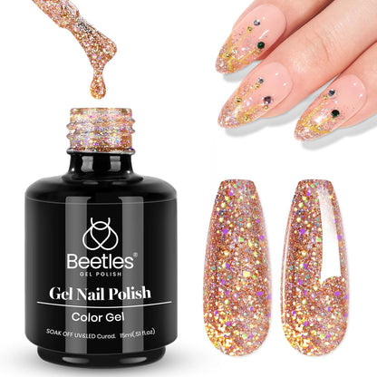 Beetles Glitter Gel Nail Polish 15ML Rose Gold Reflective Pink Gel Polish Dazzling Princess Nail Art Design Manicure Salon (1Pcs)