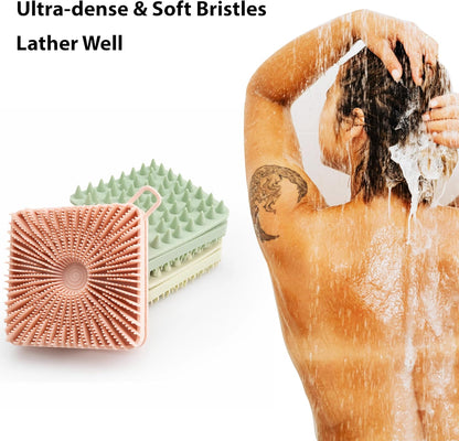 2 PC Silicone Exfoliating Body Scrubber, Silicone Body Shampoo Brush, Soft Silicone Loofah for Sensitive Skin, Shower Silicone Hair Scalp Massager, Easy to Clean, Lather Well(Black&Green)