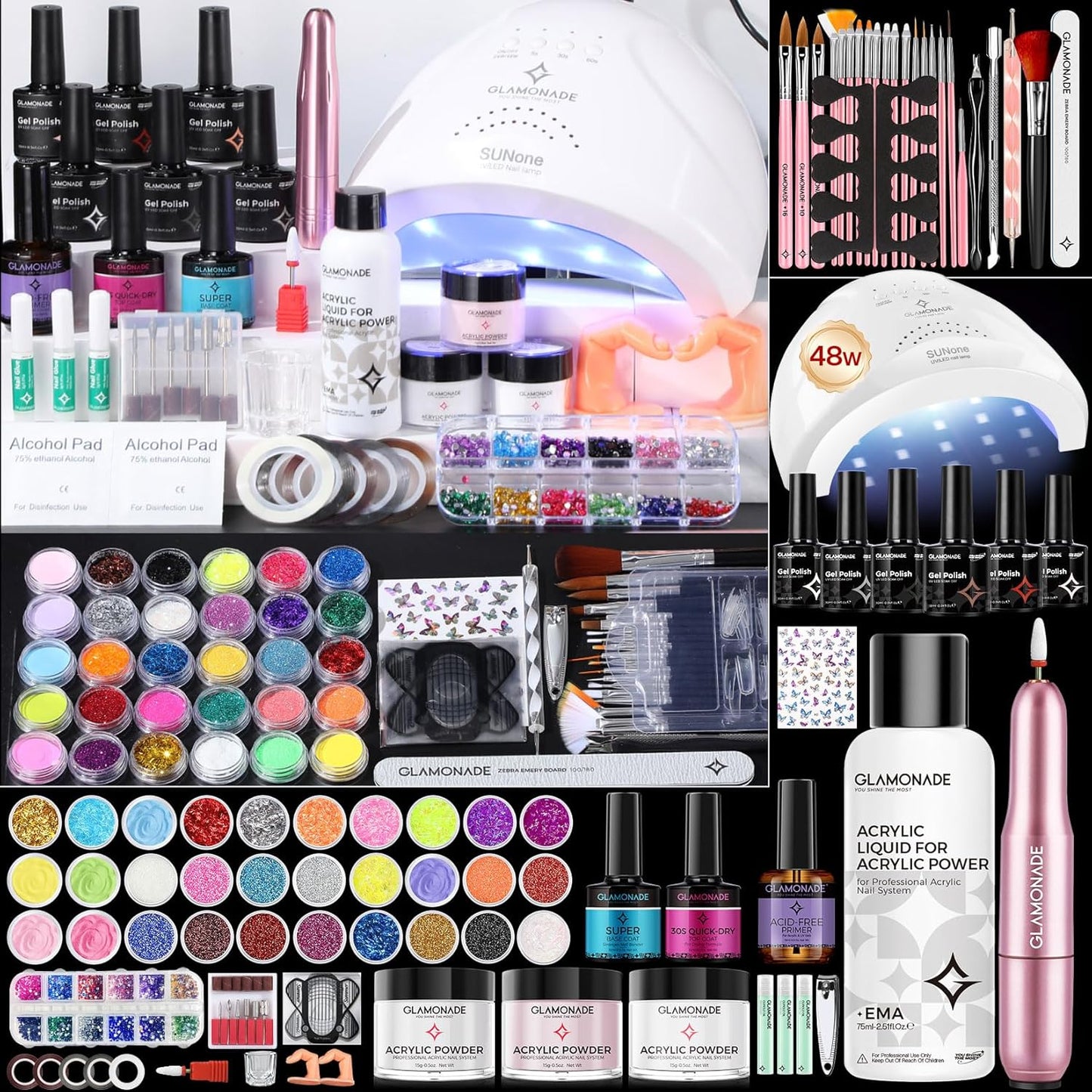 Acrylic Nail Kit with Everything: Professional Nail Kit Set for Beginners 48W Nail Lamp Complete Nail Supplies Salon