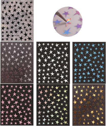 7 Sheets Star Nail Art Stickers - Gold, Silver, White, Black 3D Self-Adhesive Decals for Manicure Decorations - Nail Designs and Supplies for Women