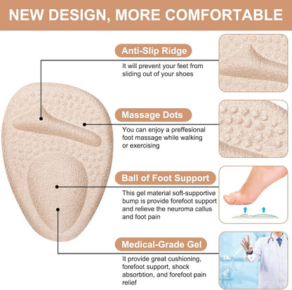Heel Cushion Pads, Metatarsal Pads for Women, Ball of Foot Cushions, Liners for Pain Relief, Prevent Blisters Friction, Shoe Inserts for Loose Shoes to Make Fit Tighter (4 Pairs)