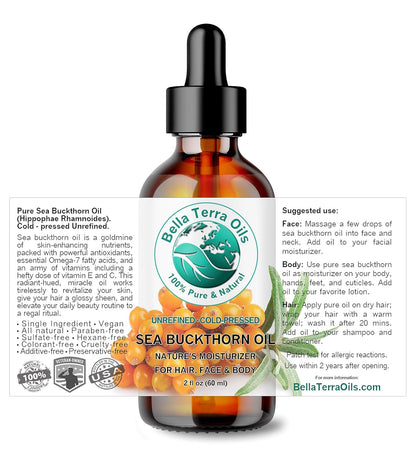 Bella Terra Oils - Organic Sea Buckthorn Oil 2 oz - Dive into Rich Essence of Organic Sea Buckthorn Berry, Packed with Vitamin C, E, & A, Omega-Fatty Acids Delight for Face