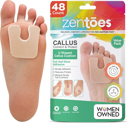ZenToes Callus Pads | U-Shaped Design Moleskin Blister Pads | Self-Stick Adhesive Felt All Day Comfort Cushions for Calluses and Corns | Reduce Pressure and Friction | 48 Count (Beige)