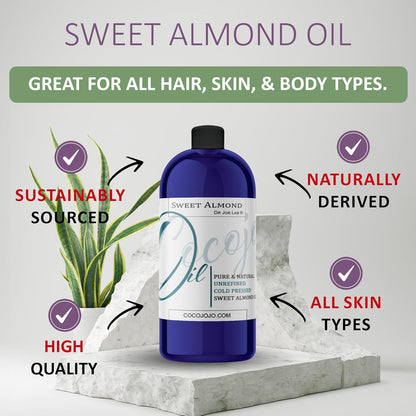 cocojojo Sweet Almond Oil - Face Skin Hair Cold Pressed 32 oz Natural Pure Massage Antioxidant Extra Virgin Unrefined