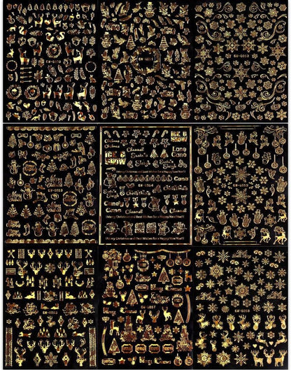 9 Sheets Christmas Nail Art Stickers Decals Self-Adhesive Pegatinas Uñas Holiday Glod Laser Snowflakes Snowman Nail Supplies Nail Art Design Decoration Accessories