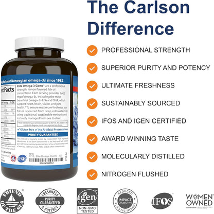 Carlson - Elite Omega-3 Gems, 1600 mg Omega-3 Fatty Acids Including EPA and DHA, Norwegian, Wild-Caught Fish Oil Supplement, Sustainably Sourced Omega 3 Fish Oil Capsules, Lemon, 130 Softgels