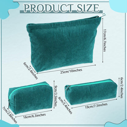 3 Pcs Makeup Bag Set for Women Corduroy Cosmetic Pouch Aesthetic Smile Travel Toiletry Bag Cute Purse Pouch Pencil Case Makeup Brushes Storage Organizer for Christmas(Dark Green,Solid Style)