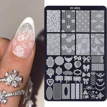 6pcs Lace Flower Design Nail Stamping Plate Kit With French Tip Nail Stamper Kit Ribbon Bow Knot Nail Stencil Reusable Stainless Steel Manicure Tool Nail Supplies for Salon DIY