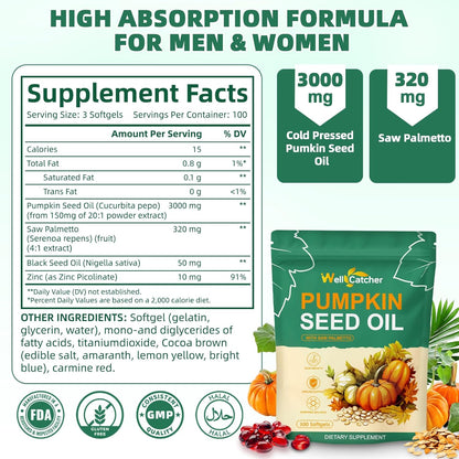 Pumpkin Seed Oil with Saw Palmetto Softgels: Organic 3000mg Pumpkin Seed Oil Capsules Cold Pressed for Hair Growth Bladder & Prostate Health Support with Black Seed Oil Zinc Per Serving 100 Servings