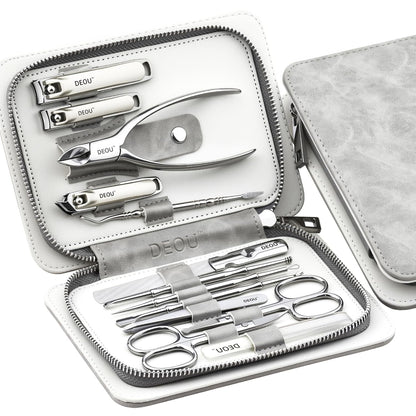 DEOU 13pcs Nail Grooming Kit Stainless Steel Professional Manicure Set Men Nail Care Tools with woman Luxurious Portable Travel Case Gift (Gray)