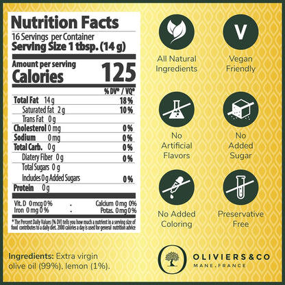 Cold Pressed Lemon Olive Oil by Oliviers & Co | Extra Virgin Olive Oil with Fresh Whole Lemons | Gourmet Italian EVOO for Seafood, Vegetables & Desserts | 8.4 Fl Oz in Metal Tin