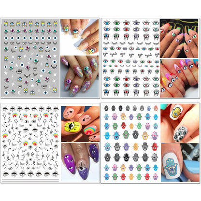 14 Sheets Evil Eye Nail Stickers, 3D Turkish Blue Eye Design Nail Art Decals, Self Adhesive Hamsa Hand of Fatima Manicure Decorations