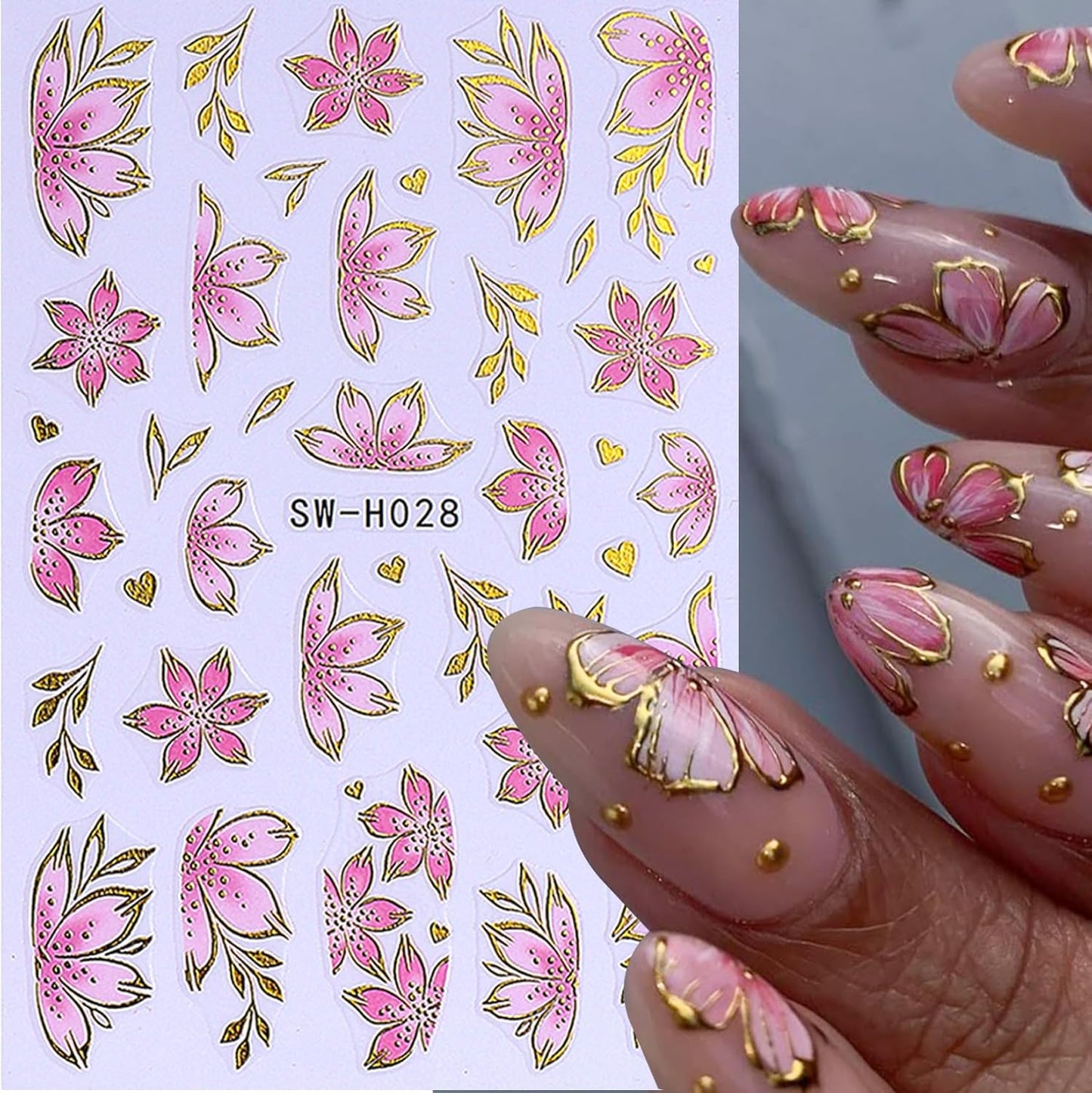 3D Flower Nail Art Stickers Decals Luxury Flower Petal Stickers with Tweezers 12 PCS Self Adhesive Pink Purple Blue Floral Gold Edge Decals Cherry Blossom Lily Summer DIY Manicure Nail Art Decoration