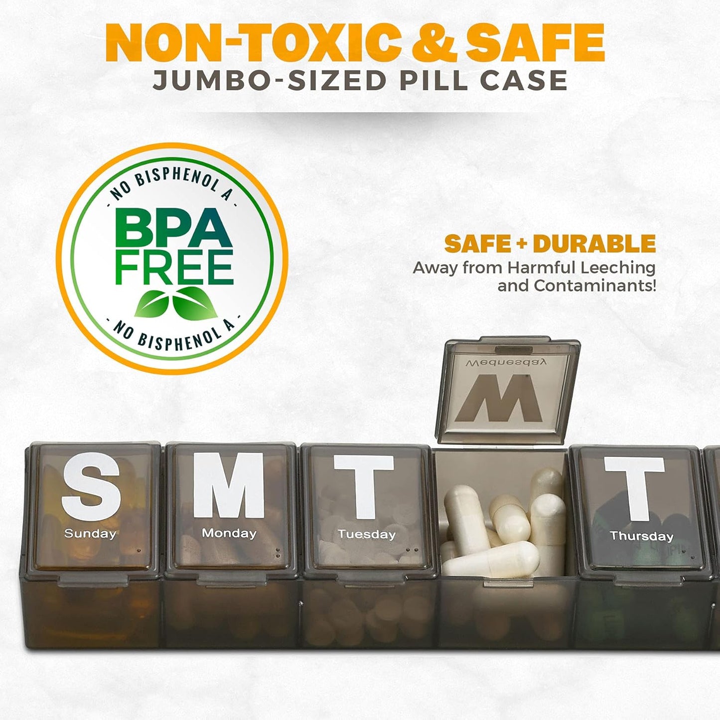 Weekly Pill Organizer - Extra Large with Easy to Read Jumbo Letters Vitamin Container, BPA Free - Daily Travel 7 Day Medication Pill Box Case, (Black)