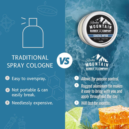 Rocky Mountain Barber Company Solid Cologne for Men – Coastal Riptide Scent – 2 Oz Size - Made with Coconut Oil, Shea Butter - Long-Lasting Scent (Coastal Riptide)