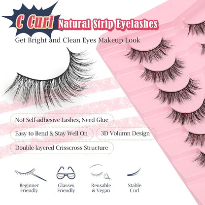 Lashes False Eyelashes Natural 16mm Wispy Lashes Pack Fluffy Eyelashes C Curl Strip Lashes Weightless Fake Lashes 0.1MM Thin Band Eyelash 3D Volume Siligli 7 Pair Lash