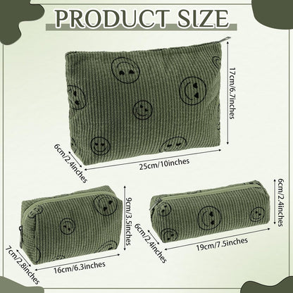 3 Pcs Makeup Bag Set for Women Corduroy Cosmetic Pouch Aesthetic Smile Travel Toiletry Bag Cute Purse Pouch Pencil Case Makeup Brushes Storage Organizer for Christmas(Army Green,Smile Face)