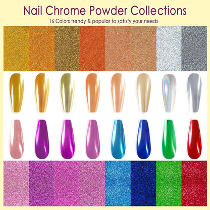 Allstarry Chrome Nail Powder Kit - 16 Colors Metallic Mirror Effect Pigment Powder Magic Glitter Dust for Gel Polish Nail Art Decoration with 16 Sponge Sticks