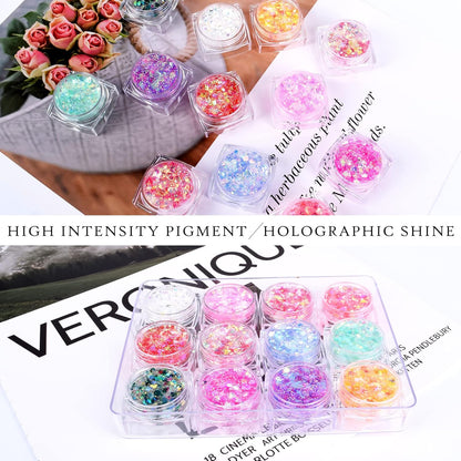 Ownest 12 Colors Holographic Chunky Glitter Gel Set, Christmas Party Makeup Face Body Eye Lips Hair Nail Cosmetic Festival Chunky Glitter Eyeshadow, Mixable, No Need Glue