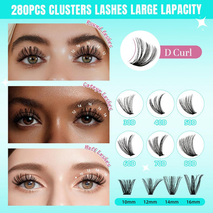 Lash Clusters Wispy 280PCS Eyelash Extension 70D Cluster Lashes Individual Lashes DIY Lash Extension Natural Look Cluster Eyelash Extensions Soft False Eyelashes at Home for Beginners(16mm)