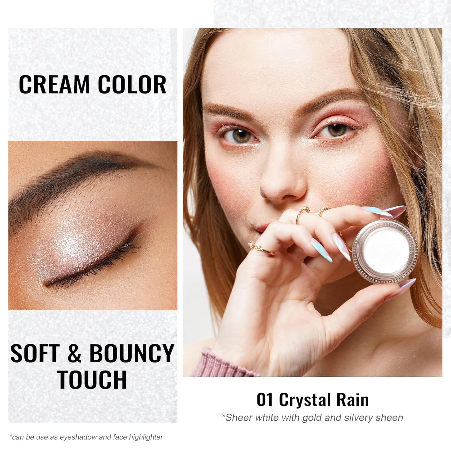Oulac Cream Eyeshadow also for Highlighter Large Capacity Highly Pigmented Eye Shadow Waterproof &Long Lasting with Moisturizing Formula, Shimmer Glitter Eye Makeup. 6g 01+02