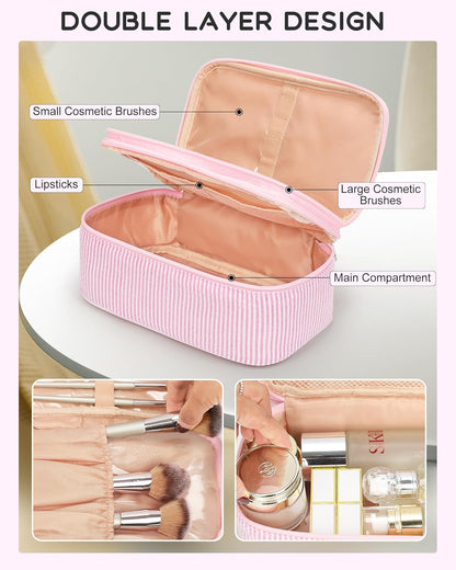 Relavel Cute Makeup Bag for Girls, Portable Pink Cosmetic Bag, Dual-layer Makeup Pouch with Brush Holder, Multi-Functional Preppy Toiletry Organizer for Travel, Daily Use - Pink Strip