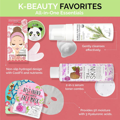 Korean Skin Care Set - Simplified Kbeauty Skincare Kits - Asian Skincare Facial Kit & Sets with Water Based Cleanser, Essence Toner, Under Eye Patches, Face Mask Sheets, Self Care Gifts For Women