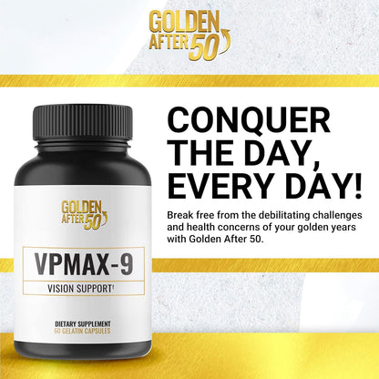Golden After 50 VpMax-9 - Sight Care and Antioxidant Supplement with Eye Vitamins, Lutein, Lycopene and Bilberry Extract - 6 Bottles