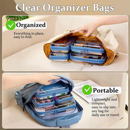 4 pcs Clear Zipper Pouches,Hard Shell Zipper Case, Toiletry Bag for Travel, CLear Diaper Bag, Toiletry Pouch, Travel Organizer, Clear Cosmetic Bag,Toy Storage Bins (M+3S) (Blue)