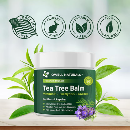 OWELL NATURALS Tea Tree Balm Oil with Vitamin E for Itchy, Dry, Flaky and Cracked Skin, Athletes Foot, Hands, Rashes, Bee Stings, Splinters, Poison Ivy, Insect Bites, Cuts and Burns, (1 Pack)