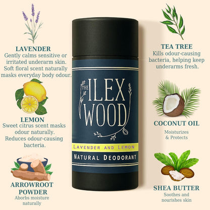 The Ilex Wood - Lavender and Lemon Natural Deodorant - 2.4fl oz. Natural Deo in Recyclable Cardboard Tube, Vegan, no Plastic, no Alcohol, no Toxins, no Aluminium Salts & Cruelty Free for Women & Men