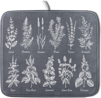 Flower Herbs Dish Drying Mat Wild Plant Dish Rack Mat with Hanging Loop Fast Dry Dish Drainer Pad for Kitchen Counter Sink 16x18 Inch
