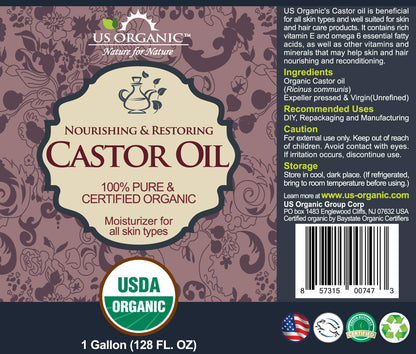 US Organic Castor Oil, Certified Organic, Expeller Pressed, Hexane Free, Natural moisturizing & emollient properties, Skin, Hair Care, Eyelashes, Size for DIY & small manufacturers (128 oz (1 Gallon))