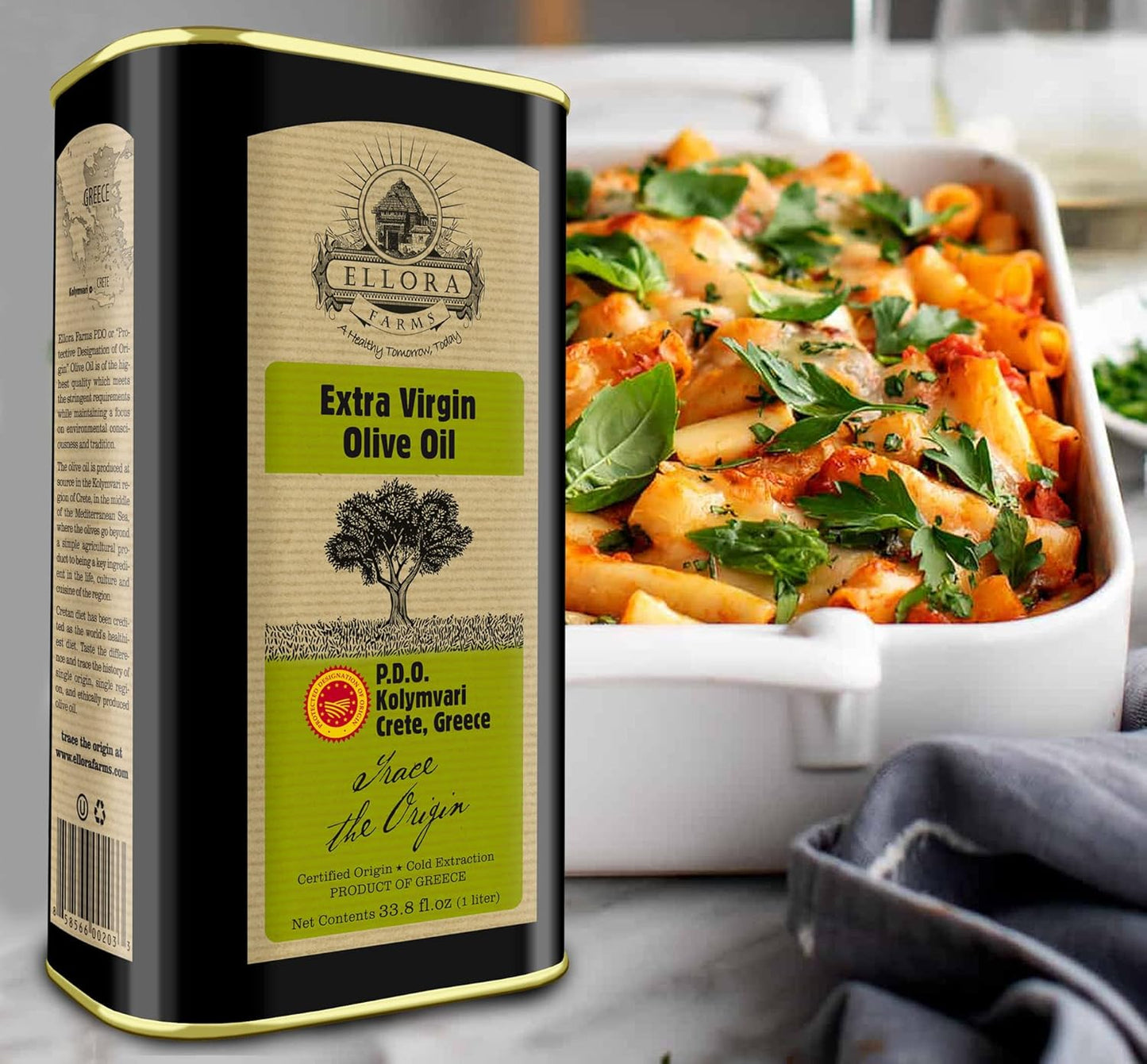 Ellora Farms Olive Oil Extra Virgin, Traceable & Certified PDO Polyphenol Rich Extra Virgin Olive Oil Cold Pressed, Global Gold Awards, Kosher, Single Origin from Crete, Greece 33.8 Fl oz, Pack of 2