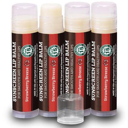 Earth's Daughter SPF Lip Balm 4-Pack Strawberry Flavor - Lip Sunscreen, SPF 15, Organic Ingredients, Beeswax, Coconut Oil, Vitamin E - Hypoallergenic, Paraben Free, Gluten Free
