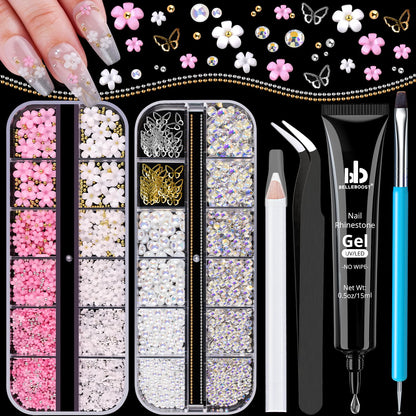 3D Nail Charms, Manicure Kit with Nail Rhinestone Glue Gel (UV Curing), Butterfly White Pink Flower Starry AB Gems Caviar Beads Half Round Pearl & Flatback Glass AB + Clear Gems with Dotting Tools