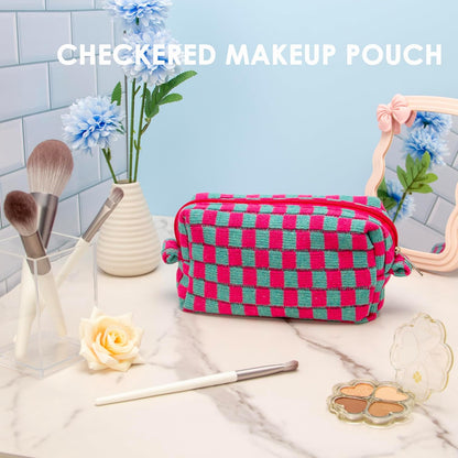 PAZIMIIK Checkered Makeup Bag for Purse Portable Zipper Make Up Pouch Small Cosmetic Case for Travel Accessories Magenta Green