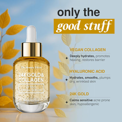 Collagen Serum For Face with 24k Gold - Dermatologist Tested - Anti Aging, Ultra Hydrating, Fine Lines & Wrinkle Treatment - Clean Beauty Korean Skin Care for All Skin Types - 1.69oz